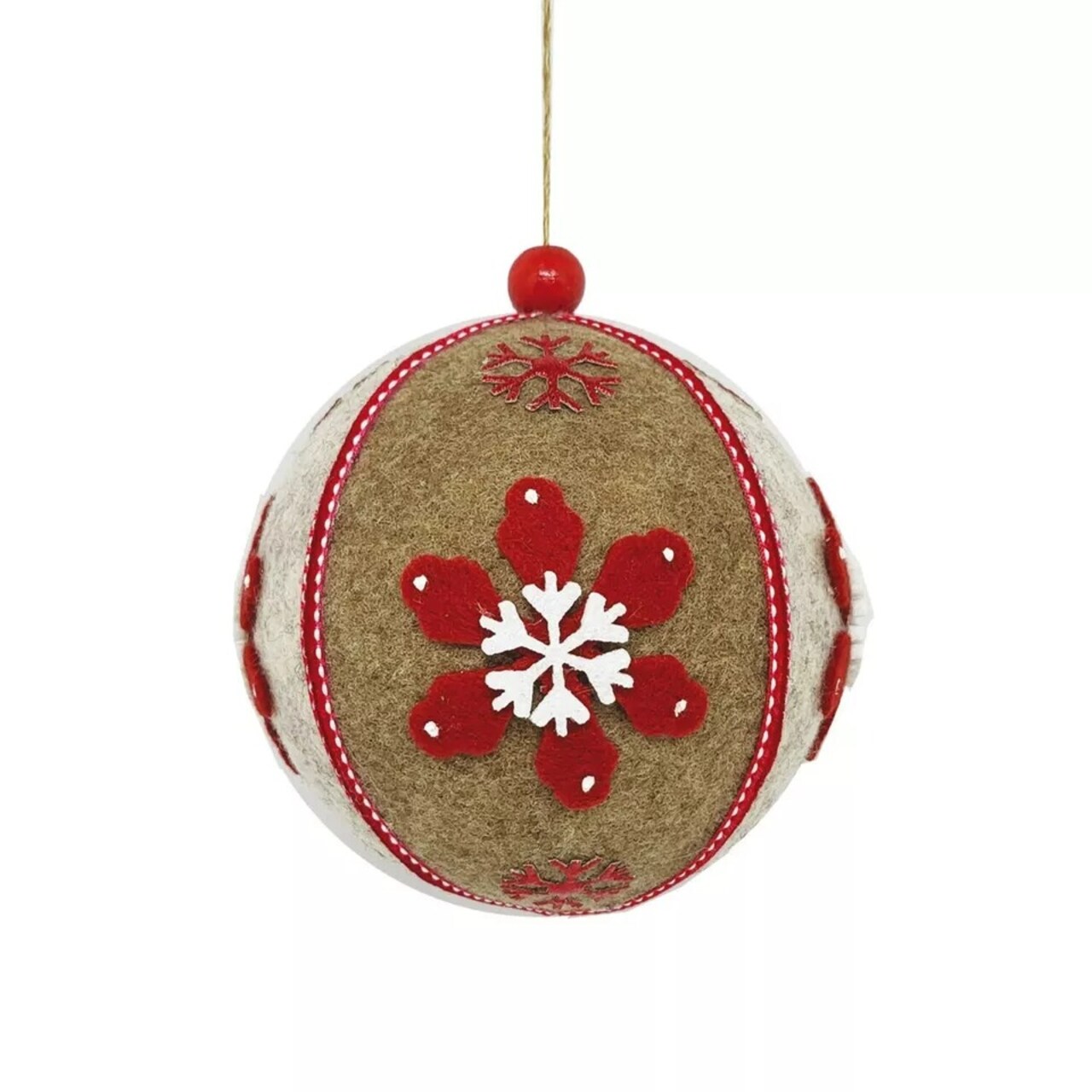 SET OF 3 RED FELT CHRISTMAS ORNAMENTS - HANDMADE BAUBLES HOLIDAY BALLS DECOR 4"